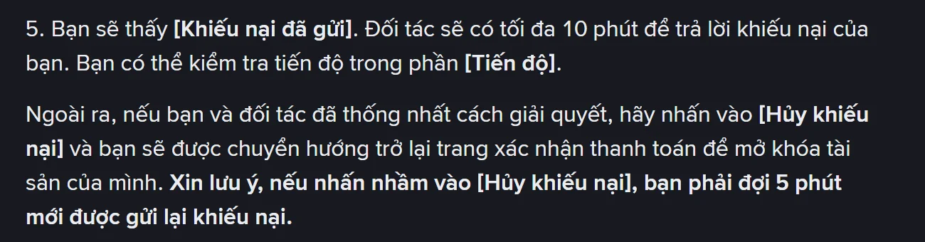 Bước 5 trong hướng dẫn khiếu nại lệnh P2P trên ứng dụng Binance bản tiếng Việt: đối tác có tối đa 10 phút để trả lời khiếu nại, và nếu nhấn nhầm nút Hủy khiếu nại thì phải đợi 5 phút mới được gửi lại