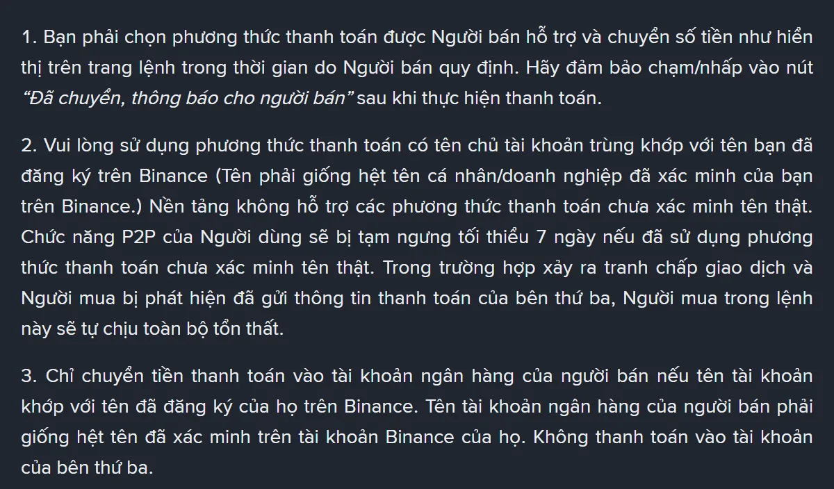 Ba điều đầu trong phần hướng dẫn dành cho người mua của Chính sách giao dịch P2P bản tiếng Việt: điều 2 ghi chức năng P2P bị tạm ngưng tối thiểu 7 ngày nếu dùng phương thức thanh toán chưa xác minh tên thật, điều 3 ghi không thanh toán vào tài khoản của bên thứ ba