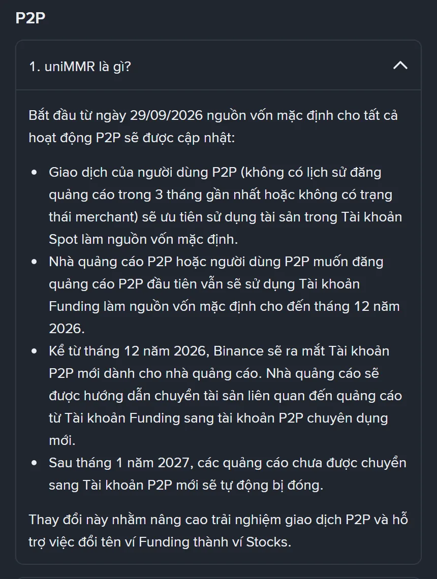 Mục P2P trên trang trợ giúp Binance liệt kê bốn thay đổi về nguồn vốn mặc định, trong đó người dùng P2P chuyển sang dùng ví Spot từ 29/09/2026