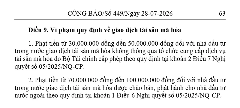 Trích Công báo số 449 ngày 28/07/2026, trang 63: Điều 9 Nghị định 284/2026/NĐ-CP, khoản 1 phạt 30–50 triệu đồng và khoản 2 phạt 70–100 triệu đồng đối với nhà đầu tư trong nước