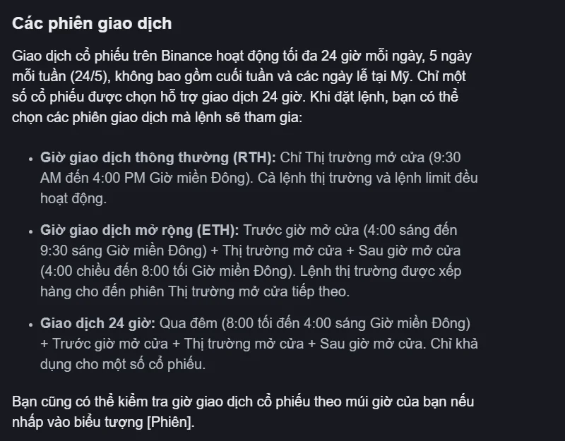 Mục Các phiên giao dịch trong hướng dẫn tiếng Việt của Binance Academy, liệt kê ba tùy chọn RTH, ETH và Giao dịch 24 giờ kèm khung giờ miền Đông