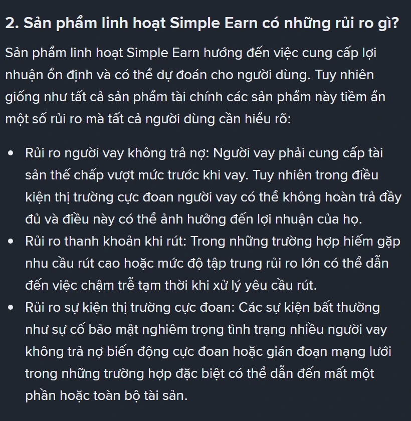 Mục rủi ro của Sản phẩm linh hoạt Simple Earn trên trang hướng dẫn tiếng Việt của Binance, liệt kê rủi ro người vay không trả nợ, rủi ro thanh khoản khi rút và rủi ro sự kiện thị trường cực đoan