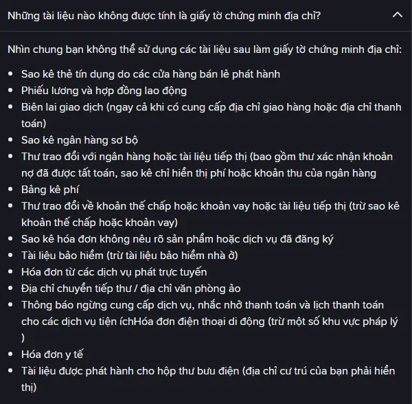 Danh sách tài liệu không được Binance tính là giấy tờ chứng minh địa chỉ, gồm phiếu lương, biên lai giao dịch, hóa đơn y tế và tài liệu gửi tới hộp thư bưu điện